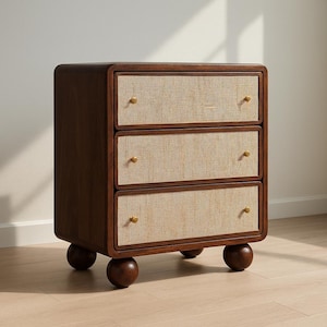 Chestnut Woven Dresser – 3-Drawer Mango Wood Storage with Woven Fronts & Brass Knobs