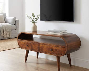 Mobile porta TV circolare in legno di mango, realizzato a mano con cassetti / Disponibile in UE