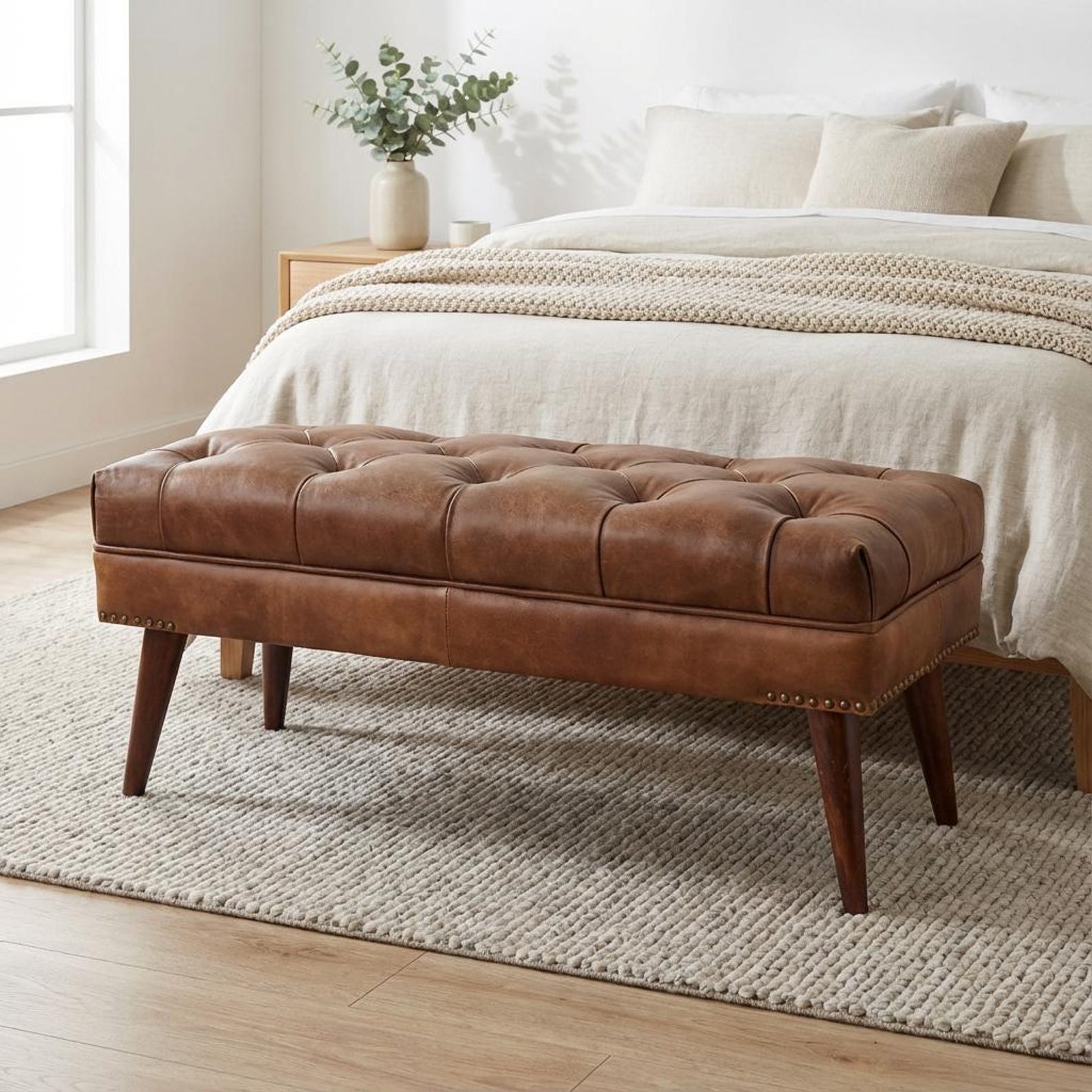 Mango wood upholstered bench for a cowgirl coastal bedroom