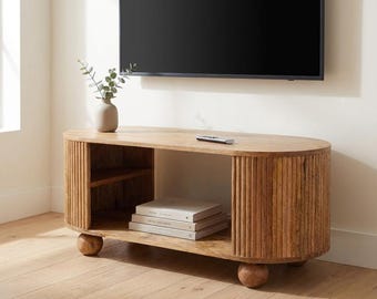 Mango Wood Ball Leg TV Stand with Open Shelf – Modern Media Unit | US Stock