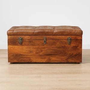 Handcrafted Mango Wood Storage Trunk: Buffalo Leather Seat Chestnut