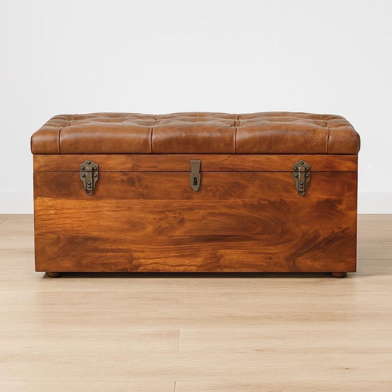 Handcrafted Mango Wood Storage Trunk: Buffalo Leather Seat Chestnut