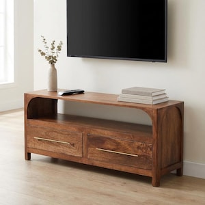 Solid Mango Wood TV Stand – Arch Design, Brass Handles | US Stock