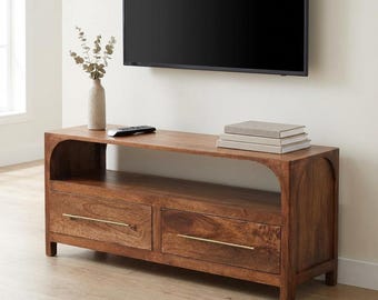 Solid Mango Wood TV Stand – Arch Design, Brass Handles | US Stock