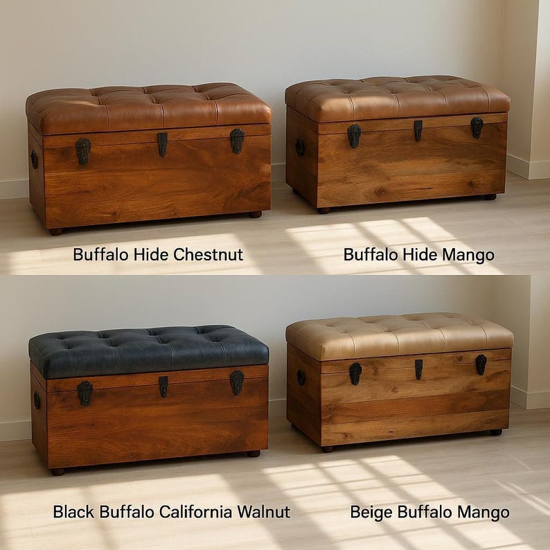 Handcrafted Mango Wood Storage Trunk: Buffalo Leather Seat image 5