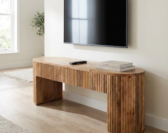 Large Mango Straight Media Console Table with Chunky Legs – Solid Wood TV Stand