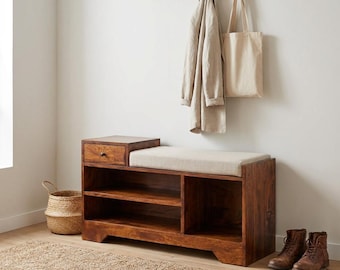 Rustic Chestnut Shoe Storage Bench with Drawer, Cushion & Shelves