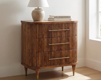 Solid Wood Ribbed 3 Drawer Dresser – Amber Oak Finish