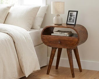 Rounded Solid Wood Nightstand: 1 Drawer with Open Shelf | US Stock