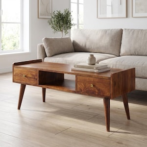 Chestnut Coffee Table – Solid Mango Wood with Drawers & Open Shelf