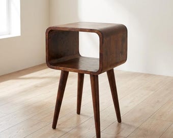 Solid Wood Nightstand: Small Curved Design (Chestnut, Nordic Legs) | US Stock
