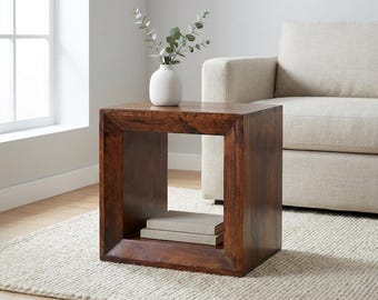 Solid Mango Wood Open Cube Side Table – California Walnut Finish