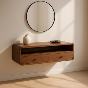 Floating Mango Wood Console Table – Wall Mounted 2 Drawer Open Shelf Unit, Chestnut or California Walnut Finish