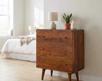 Cómoda de madera de mango de mediados de siglo: cajonera de 3 cajones para dormitorio.