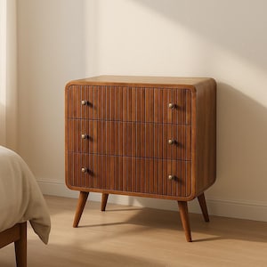 Honey Caramel T-bar Ridged Dresser – Solid Mango Wood Storage Cabinet with Nordic Legs