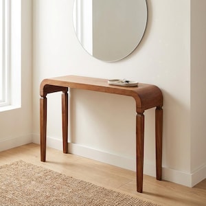Solid Mango Wood Console Table: Curved Edge, Amber Oak Finish | US Stock