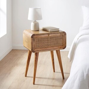 Handmade Mango Wood Nightstand: Woven Drawer Bedside Table with Brass Knob | US Stock
