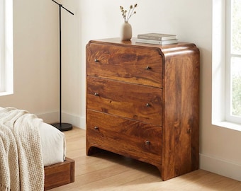 Solid Mango Wood 3-Drawer Dresser: Vintage Curved Detailing & Brass Knobs