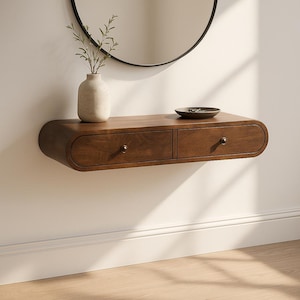 Floating Mango Wood Console – Wall Mounted 2 Drawer Curved Bedside or Hallway Unit, Chestnut or Walnut Finish