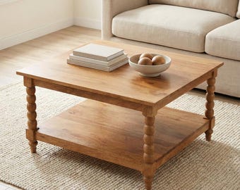 Solid Wood Coffee Table with Turned Legs – Golden Teak / Acid Wash Finish