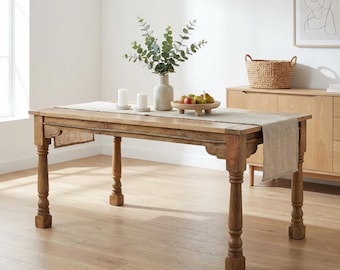 Hand-Turned Mango Wood Extension Dining Table - Distressed Finish | US Stock
