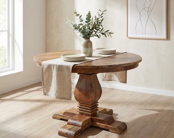Solid Mango Wood Dining Table - Round with Carved Pedestal Base