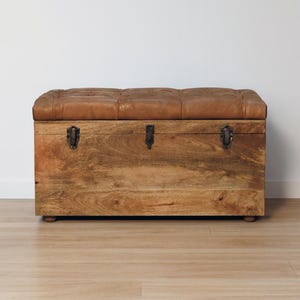 Handcrafted Mango Wood Storage Trunk: Buffalo Leather Seat Mango