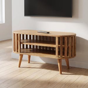 Japanese-Style Solid Mango Wood TV Stand – Minimalist Media Console with Open Slatted Design