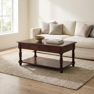 May include: A dark brown coffee table with a drawer and a lower shelf. The table has turned legs and a bowl and books on top. It sits on a woven rug in front of a cream sofa. The table is approximately 120 cm long.