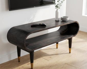 Solid Wood TV Stand with Brass Accents – Carbon Ash Finish