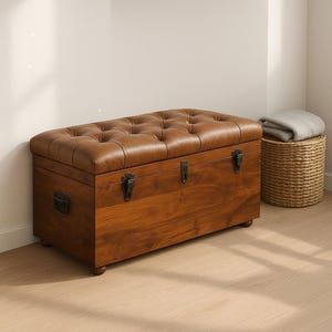Handcrafted Mango Wood Storage Trunk: Buffalo Leather Seat image 2