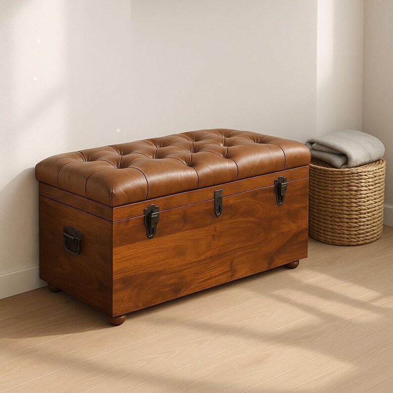 Handcrafted Mango Wood Storage Trunk: Buffalo Leather Seat image 2