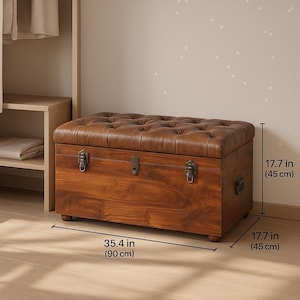 Handcrafted Mango Wood Storage Trunk: Buffalo Leather Seat image 6