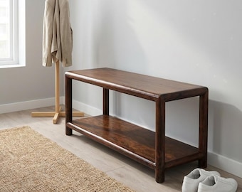 Chestnut Wooden Bench with Lower Shelf – Solid Mango Wood Entryway Seat