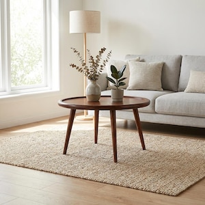 May include: A round, dark brown wooden coffee table with four tapered legs. On the table sits a light-coloured ceramic vase containing dried eucalyptus branches and a small potted green plant with broad, dark leaves in a grey ceramic pot.