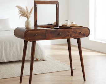 Handcrafted Mango Wood Dressing Table with Foldable Mirror - Nordic Style | US Stock