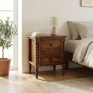 Könnte beinhalten: Ein Nachttisch aus dunklem Holz mit zwei Schubladen und einer dekorativen, perlenbesetzten Seite. Eine beige Lampe und Bücher stehen darauf. Der Tisch steht neben einem Bett mit neutraler Bettwäsche. Eine Topfpflanze ist sichtbar. Der Tisch ist ca. 60 cm hoch.