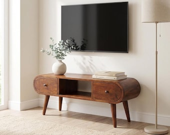 Mobile TV in legno massello di mango: consolle multimediale circolare con cassetti / Disponibile in UE