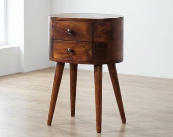 Mini Rounded Nightstand Table with Two Compact Drawers and Nordic-Style Legs | US Stock