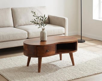 Mini Wave Coffee Table – Solid Mango Wood with Drawer and Open Storage | US Stock