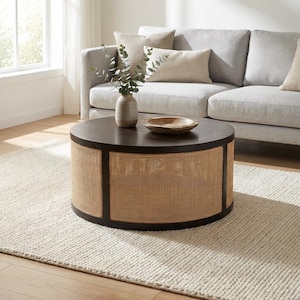 May include: A round coffee table with a dark brown top and a woven rattan base. The table sits on a light-colored rug in front of a gray sofa. A vase with greenery and a wooden bowl are on the table.