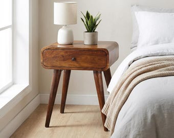Mid-Century Mango Wood Nightstand - Compact with Drawer