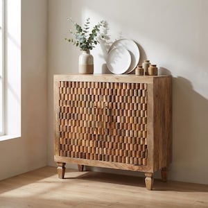 Credenza: in legno massello di mango, frontale intagliato - maniglie in ottone / Disponibile in magazzino UE