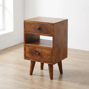 Solid Mango Wood Nightstand: Chestnut Finish, Brass Knobs