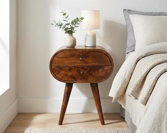 Round Solid Wood Nightstand - Two Drawers, Brass Knobs | Canada Stock