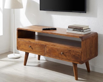 Curved Mango, Chestnut & Walnut Media Unit – Solid Wood TV Stand with Drawers