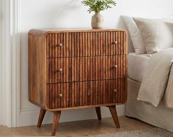 Honey Caramel Mango Wood Dresser - Ridged Front, Nordic Style Legs