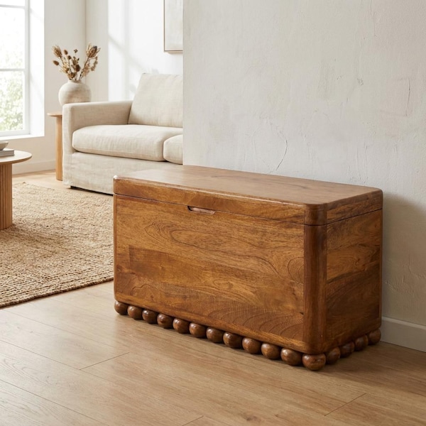 Handcrafted Solid Mango Wood Storage Trunk Bench – Hidden Compartment, Amber Oak Finish | US Stock