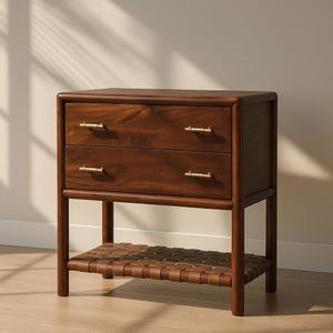 Woven Chestnut Dresser with 2 Drawers & Braided Shelf – Solid Mango Wood