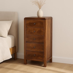 Solid Mango Wood 5-Drawer Dresser: Nordic Style Chest, Chestnut Finish